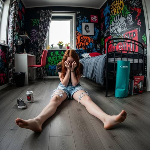 Red-Haired Teen Girl in Distressed Denim Shorts | Urban Adolescence Vibe