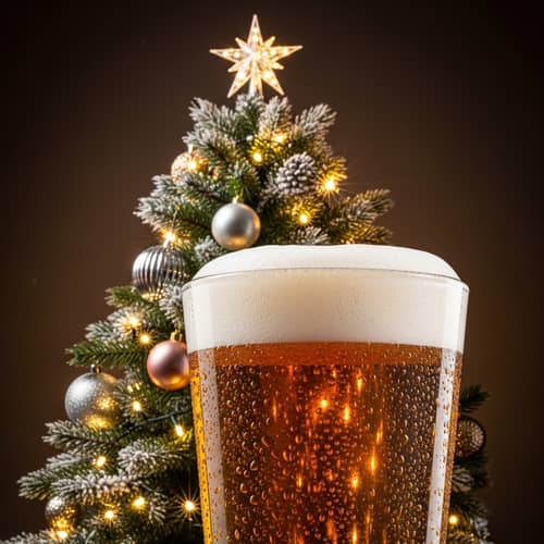Frothy Beer in Festive Christmas Setting