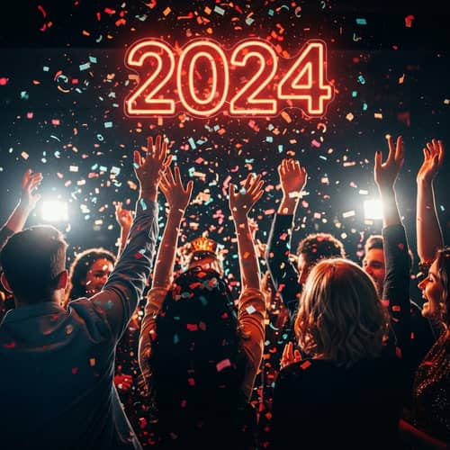 Vibrant New Year's Eve Party Photo with Diverse Group Celebrating