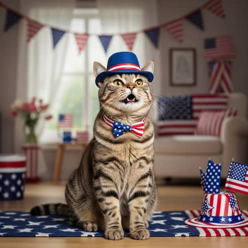 Adorable Cat Singing the American Anthem in Patriotic Setting