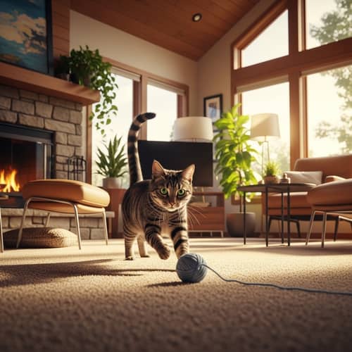 Adorable Tabby Cat Playfully Chasing Yarn in Vibrant Home Setting