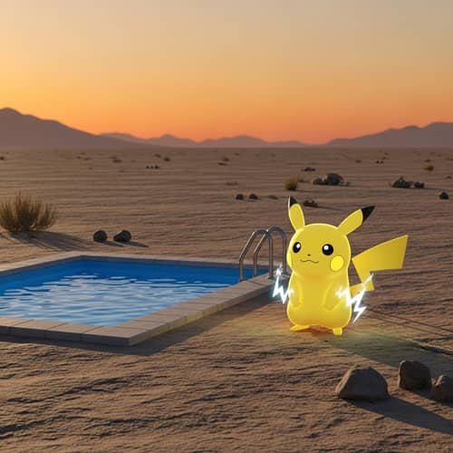 Electric Pikachu in Desert Landscape with Blue Pool