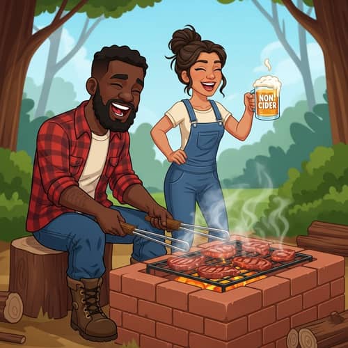 Cartoon Hillbillies Grilling Meat on Brick BBQ Pit