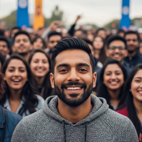 Hyper-Realistic Portrait of South Asian Man in Diverse Crowded Setting
