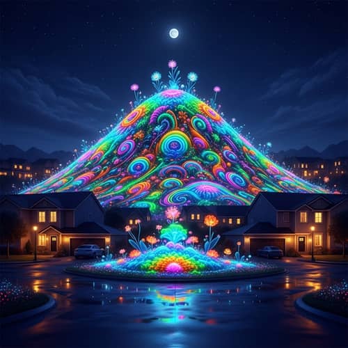 Psychedelic Hill Night Scene - Vibrant Neighborhood Colors