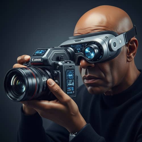 Old Rich Bald African American Man Photographer with Futuristic Camera