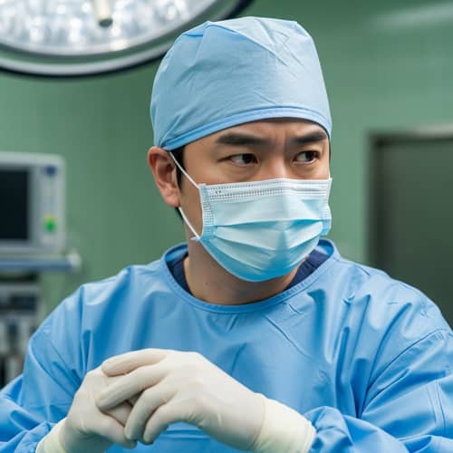 Sterile Surgery Attire | Concentrated East Asian Surgeon Photo