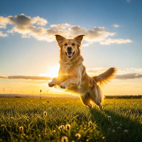 Playful Golden Dog Frolicking in Grassy Field | Joyful Pet Scene