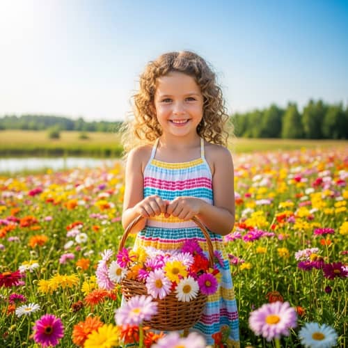 Radiant Young Girl in Vibrant Flower Field - Joyful Scene