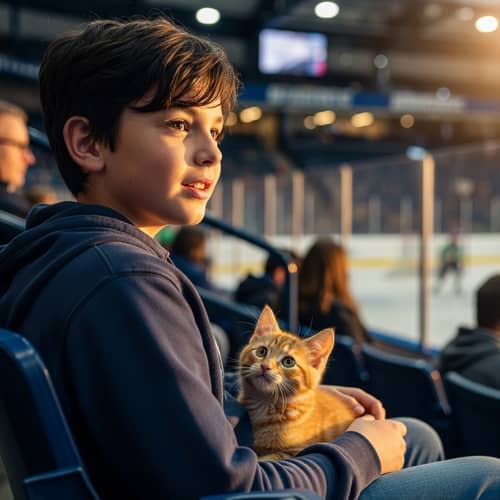 Professional Photo of Handsome Boy Watching Hockey with Orange Kitten