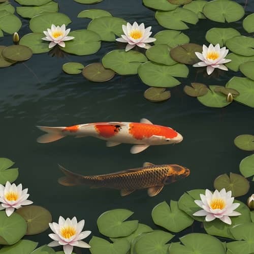 Japanese Koi Fish Swimming Among Water Lilies
