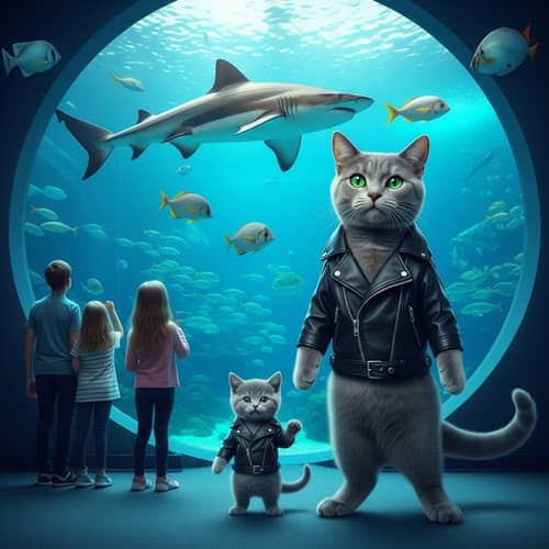 Endearing Grey Cat and Kitten in Aquarium with Green Eyes