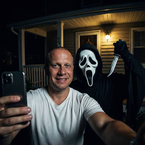 Ultra-Realistic Ghostface Selfie at Night