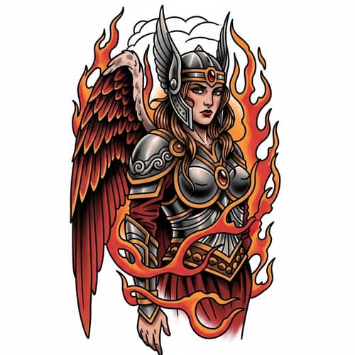 Neotraditional Valkyrie Tattoo with Single Wing and Flames