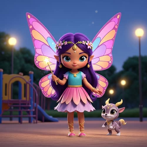 South Asian Fairy Girl with Vibrant Hair and Large Wings