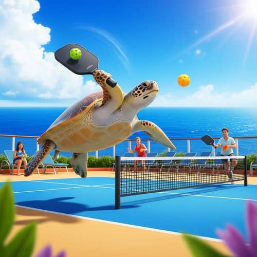 Playful Sea Turtle in Vibrant Pickleball Game on Beach Court