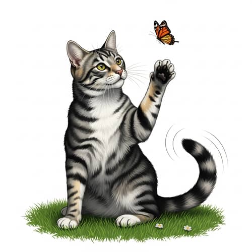 Unique Cat-Dog Hybrid Playing on Green Lawn with Butterfly