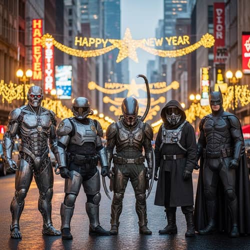 Futuristic New Year City Celebration with Diverse Characters