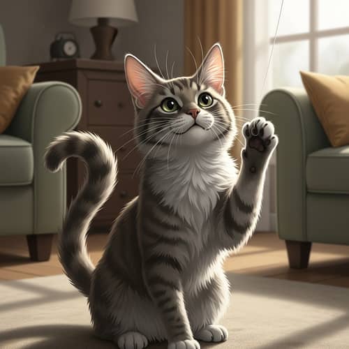 Fluffy Cat with Curved Tail and Playful Demeanor