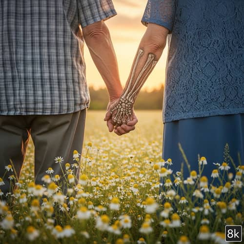 Realistic Grandparents Walking in Chamomile Field | Tranquil Summer Scene