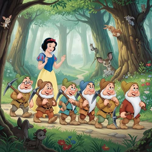 Snow White and the Seven Dwarfs in Peaceful Forest Scene