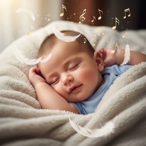Smiling Hispanic Baby Boy on Soft Blanket with Feathers and Music Notes