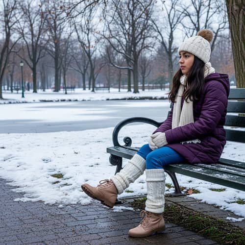 Hispanic Girl in Stylish Winter Outfit on Park Bench