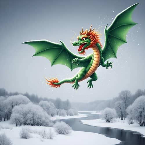 Majestic Emerald-Green Chinese Dragon Soaring Winter Skies