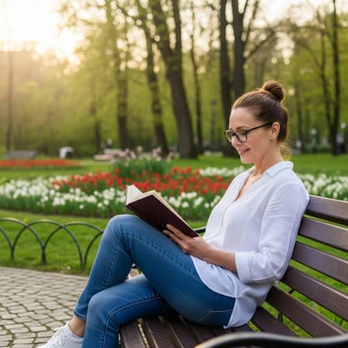Middle-aged Woman Relaxing on Park Bench Reading Book