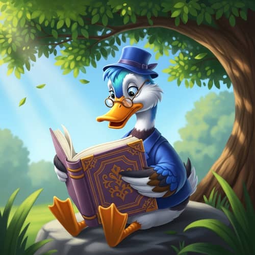 Whimsical Duck Reading Book Under Lush Tree - Tranquil Scene