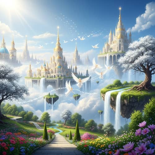 Ethereal Heavenly Cityscape with Angelic Figures and Lush Gardens