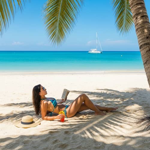 Hispanic Woman in Stylish Bikini Relaxing on Serene Beach