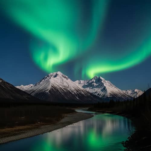 Aurora Borealis Over Snow-Capped Alaskan Mountains