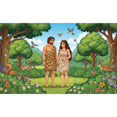 Adam and Eve in Lush Garden: Serene Conversation Amidst Wildlife