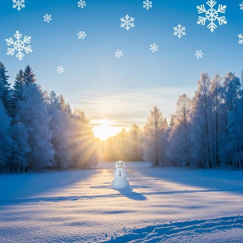 Pristine Snowy Meadow at Dawn - Frosty Forest & Robust Snowman