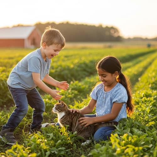Children Playing with Cat in Sunny Farm Setting