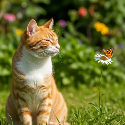 Beautiful Striped Orange and White Domestic Cat Enjoying Sunny Garden