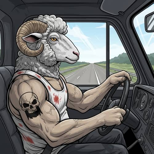 Muscular Sheep Fan of Johnny Driving Truck