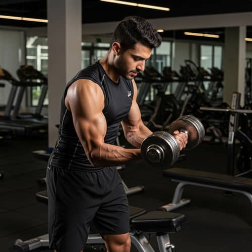 Middle-Eastern Fitness Model Demonstrates Bicep Curl in Modern Gym