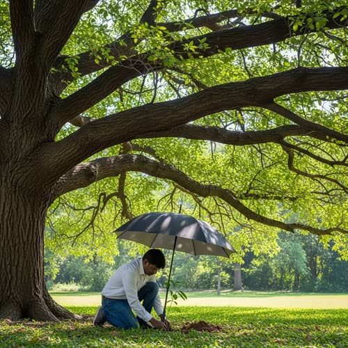 Man Planting Tree Under Protective Canopy | Clean Air Oasis