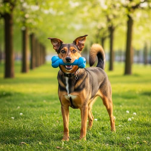 Playful Domestic Dog in Lush Green Park | Bright Blue Chew Toy