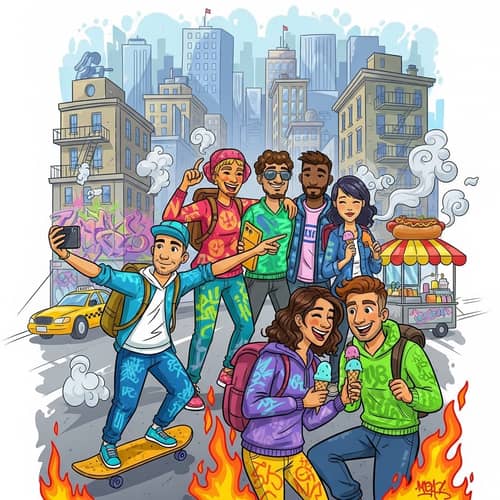 Energetic Travelers in Vibrant Graffiti Style Urban Adventure