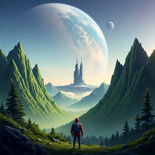 Surreal Mountain Landscape with Massive Planet and Metallic Object