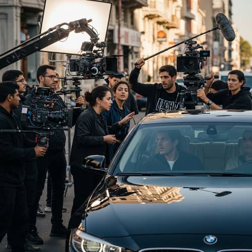 Diverse Film Crew Capturing Scene with Black Sedan in City Street