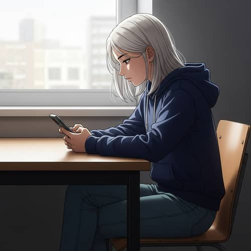 14-Year-Old Girl Engrossed in Phone at Table