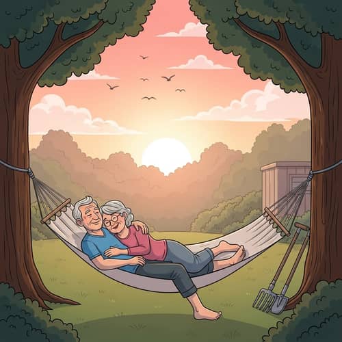 Elderly Couple Loving Embrace in Hammock at Sunset
