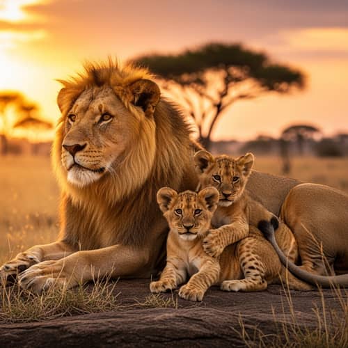 Realistic Lion with Two Lion Cubs Illustration