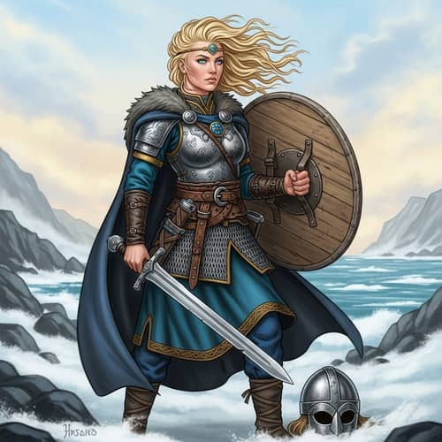 Nordic Viking Woman: Neotraditional Art with Sword and Shield