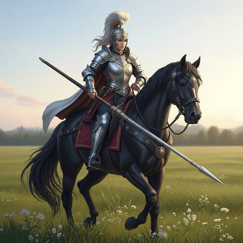 Caucasian Female Warrior on Majestic Horse with Glinting Lance