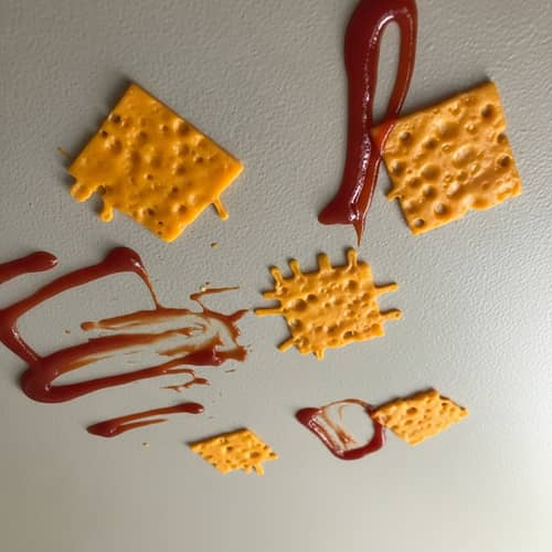 Rich Golden Cheese and Vibrant Ketchup on Ceiling